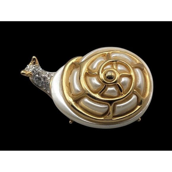 Kenneth Jay Lane Snail Brooch Rhinestone Encrusted Head Faux Pearl Shell KJL - Picture 1 of 16